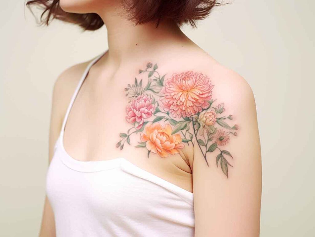 November Birth flower tattoo peony and chrysanthemum