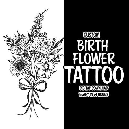 black and white birth flower tattoo