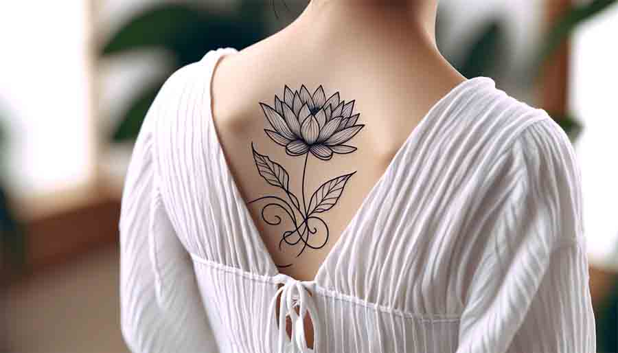 One line water lily tattoo located on the upper back.