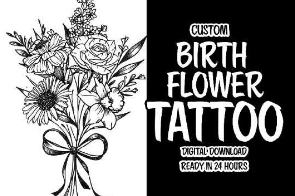 black and white birth flower tattoo